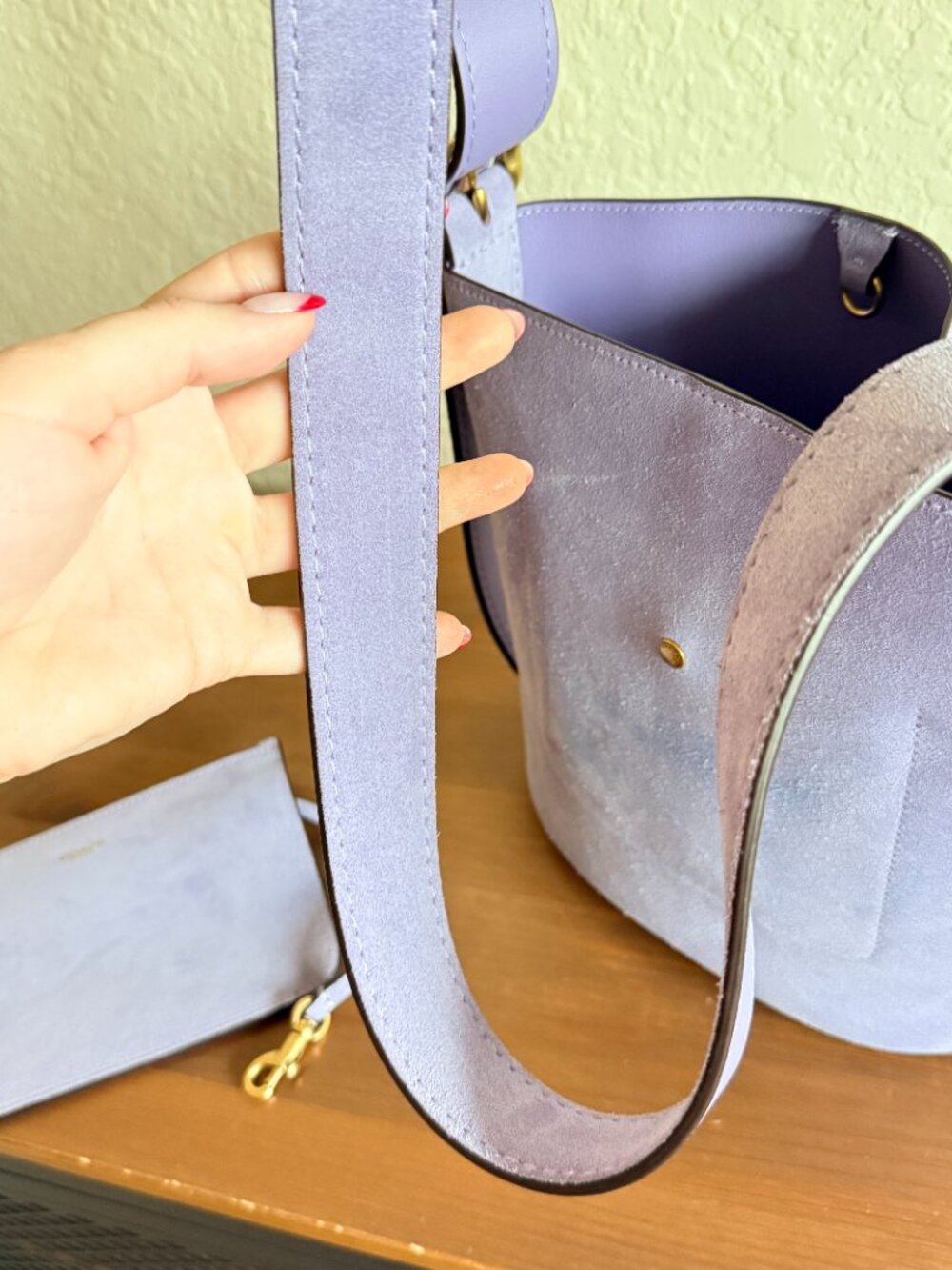 Coach Bleecker Bucket Bag 21 Violet Mist Suede Lavender Brass Removable Pouch - Picture 7 of 14